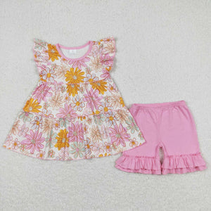 Floral Pink Ruffles Beige Girls Shorts Sets