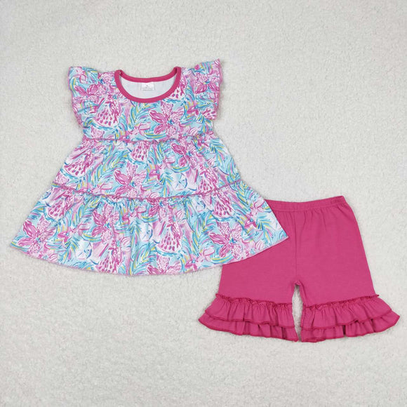 Floral Hot Pink Ruffles Girls Shorts Sets