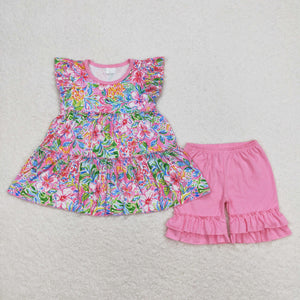 Floral Pink Ruffles Girls Shorts Sets