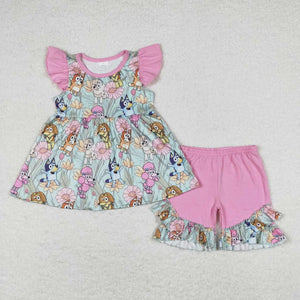 Cartoon Dogs Floral Pink Girls Shorts Sets