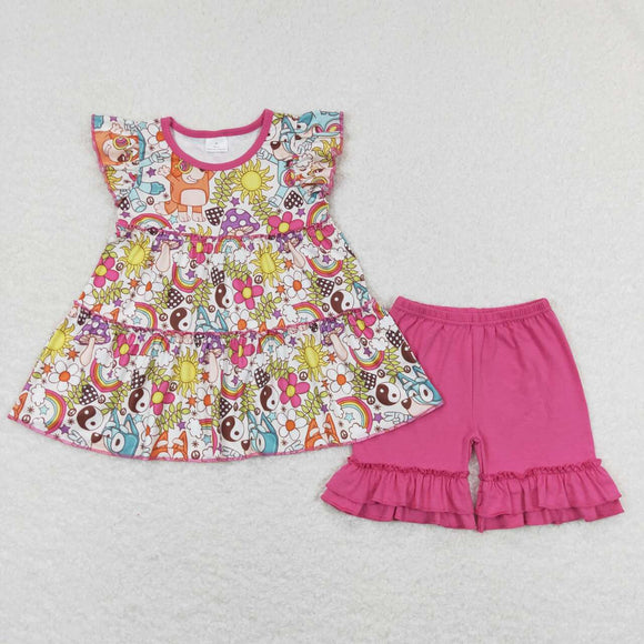 Cartoon Dog Rainbow Hot Pink Girls Shorts Sets