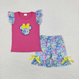 Cartoon Yellow Bows Starfish Hot Pink Girls Shorts Sets