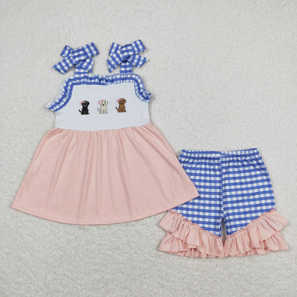 Dogs Blue Plaid Pink Girls Shorts Sets