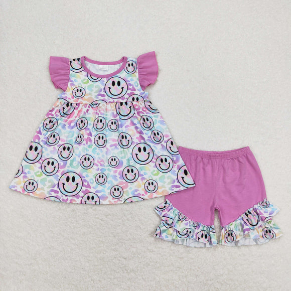 Smile Colorful Leopard Print Girls Shorts Sets