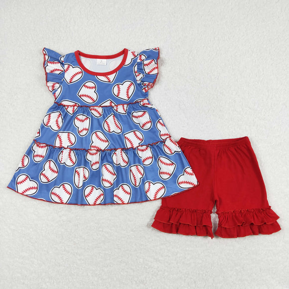 Baseball Heart Blue Red Ruffles Girls Shorts Sets