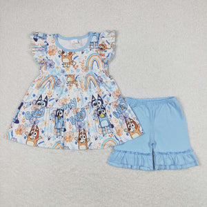 Cartoon Dogs Rainbow Blue Ruffles Girls Shorts Sets