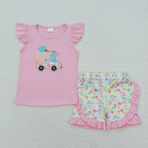 Ice Cream Truck Floral Pink Girls Shorts Sets
