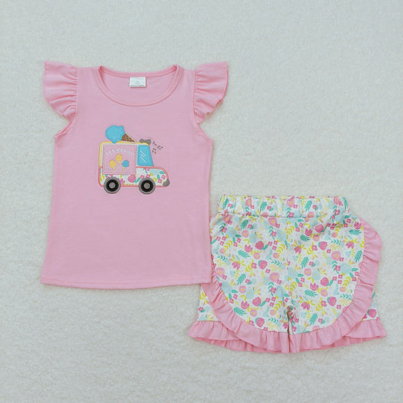 Ice Cream Truck Floral Pink Girls Shorts Sets