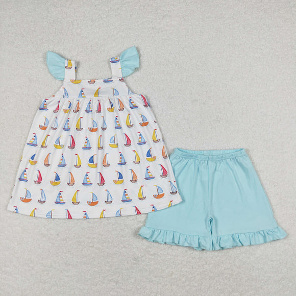 Sailboat Blue Ruffles White Girls Shorts Sets