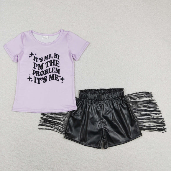 Singer Letters Purple Black Leather Tassels Girls Shorts Sets