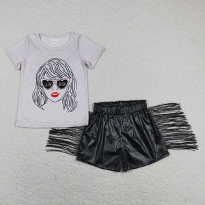 Singer 1989 Black Leather Tassels Girls Shorts Sets