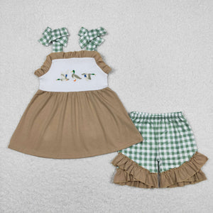 Duck Green Plaid Ruffles Brown Girls Shorts Sets