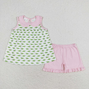 Crocodile Pink Doll Collar White Girls Shorts Sets