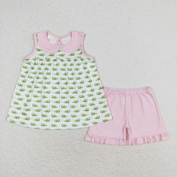 Crocodile Pink Doll Collar White Girls Shorts Sets
