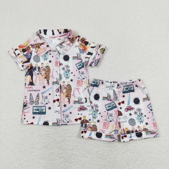 Singer Pink White Girls Short Sleeve Pajamas