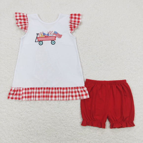 Flag Firework Trolley Red Plaid White Girls 4th of July Outfits