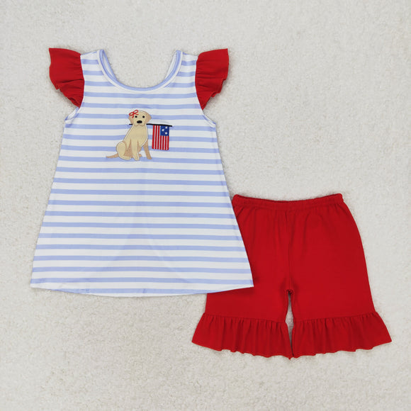 Flag Dog Stripe Red Bow Girls 4th of July Outfits