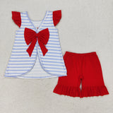 Flag Dog Stripe Red Bow Girls 4th of July Outfits