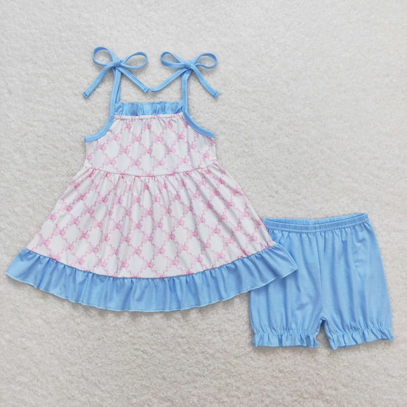 3-6M--5-6T Bows Blue Ruffles Girls Shorts Sets