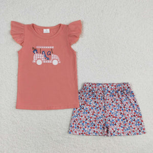 Golf Cart Pink Floral Girls Shorts Sets