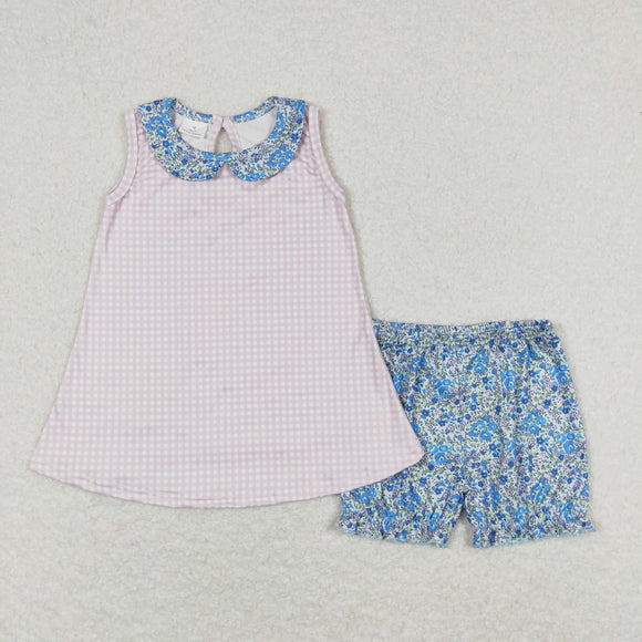 Floral Doll Collar Pink Plaid Girls Shorts Sets