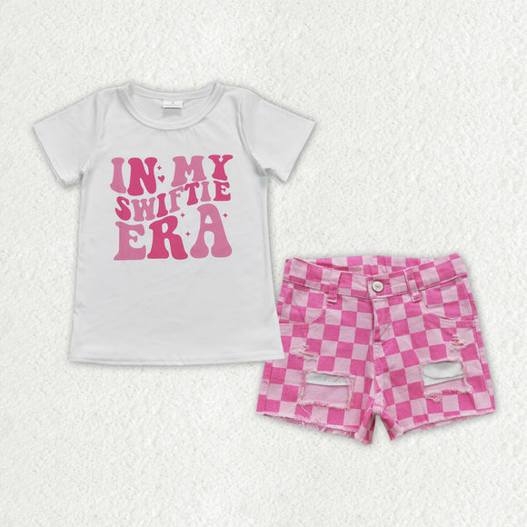 In My Swiftie Era Letters Singer Plaid Denim Girls Shorts Sets