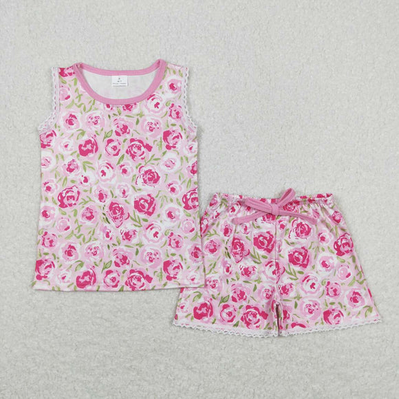 Floral Pink Lace Ruffles Girls Shorts Sets