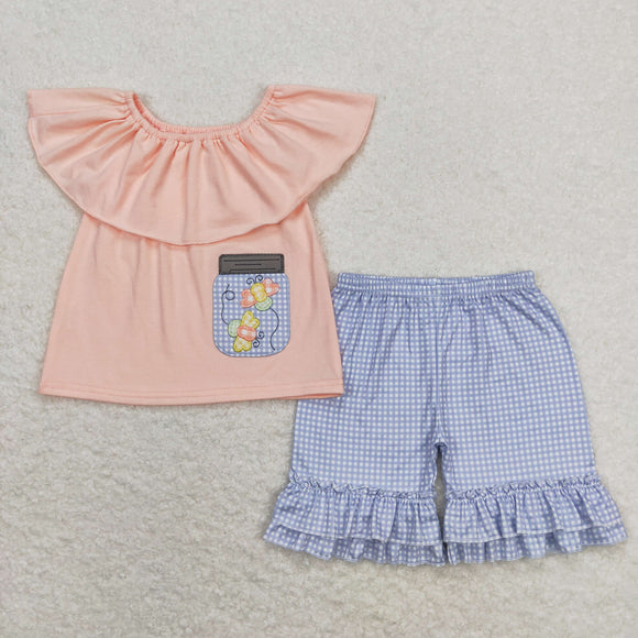 Bees Blue Plaid Pink Girls Shorts Sets