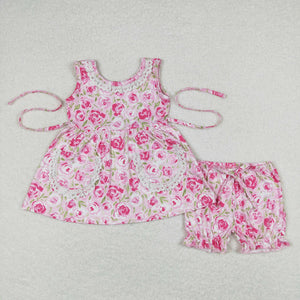 Floral Pink Lace Ruffles Pockets Girls Shorts Sets