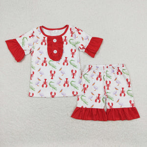 Crawfish Crocodile Red Ruffles Girls Short Sleeve Pajamas