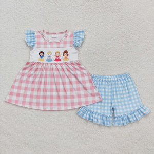 Cartoon Princess Plaid Pink Blue Girls Shorts Sets