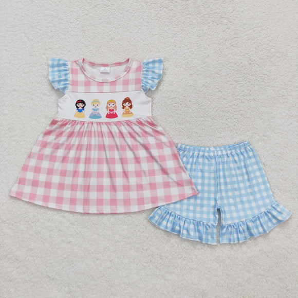 Cartoon Princess Plaid Pink Blue Girls Shorts Sets