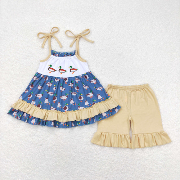 Duck Beige Ruffles Blue Girls Shorts Sets