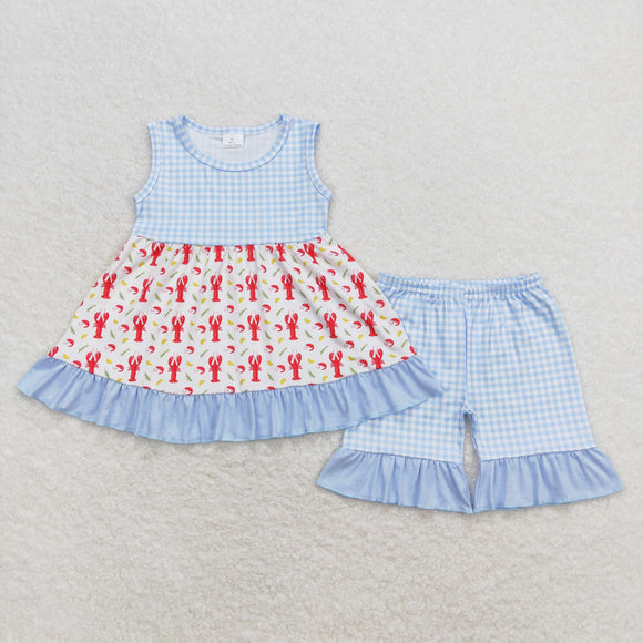 Crawfish Blue Plaid Girls Shorts Sets