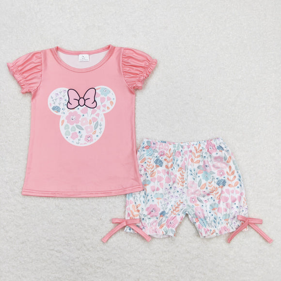 Floral Cartoon Pink Girls Shorts Sets