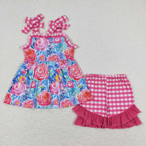 Floral Hot Pink Plaid Ruffles Girls Shorts Sets