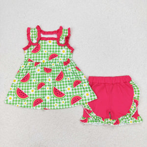 Watermelon Floral Hot Pink Ruffles Green Plaid Girls Shorts Sets