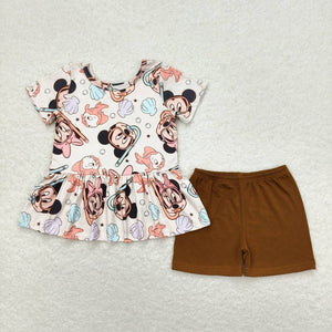 Cartoon Shell Beige Brown Girls Shorts Sets