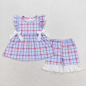 Blue Red Stripe Plaid Girls 4th of July Outfits