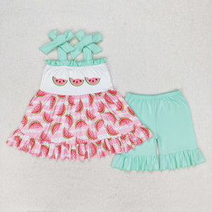 Watermelon Pink Stripe Girls Shorts Sets