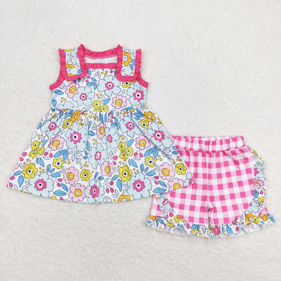 Floral Hot Pink Ruffles Plaid Girls Shorts Sets