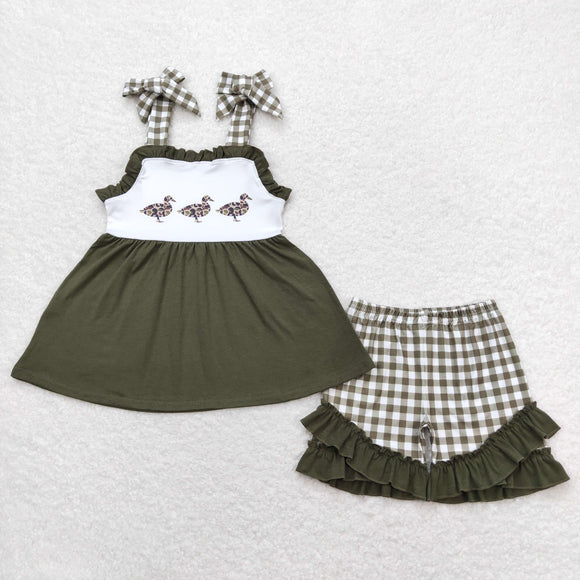 Camo Duck Green Plaid Ruffles Girls Shorts Sets