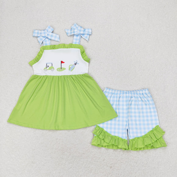 Golf Cart Blue Plaid Green Girls Shorts Sets