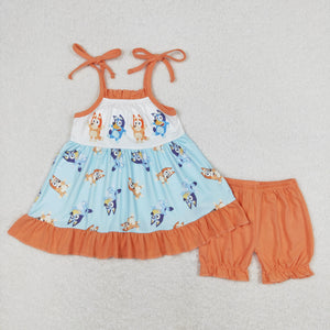 Cartoon Dogs Orange Ruffles Girls Shorts Sets