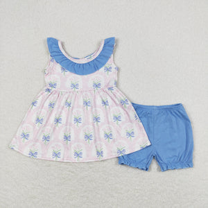 Pink Floral Blue Ruffles Girls Shorts Sets