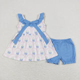 Pink Floral Blue Ruffles Girls Shorts Sets