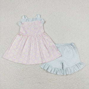 Floral Plaid Ruffles Pink Girls Shorts Sets