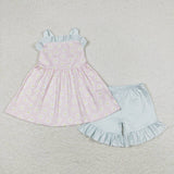 Floral Plaid Ruffles Pink Girls Shorts Sets