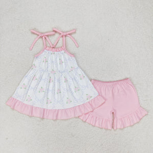 Bow Floral Pattern Pink Ruffles Girls Shorts Sets