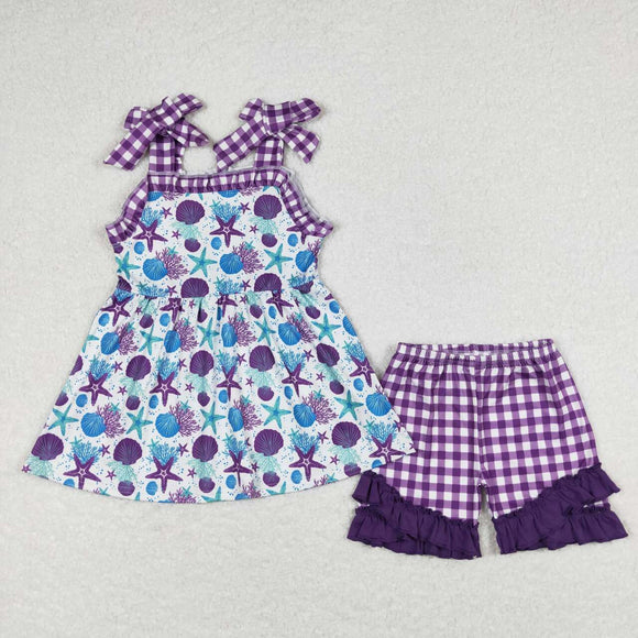 Starfish Purple Plaid Ruffles Girls Shorts Sets